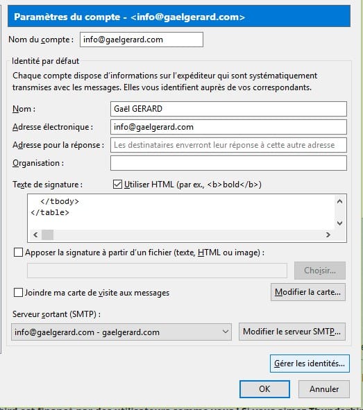 Paramètres du compte de messagerie pour créer la signature email.