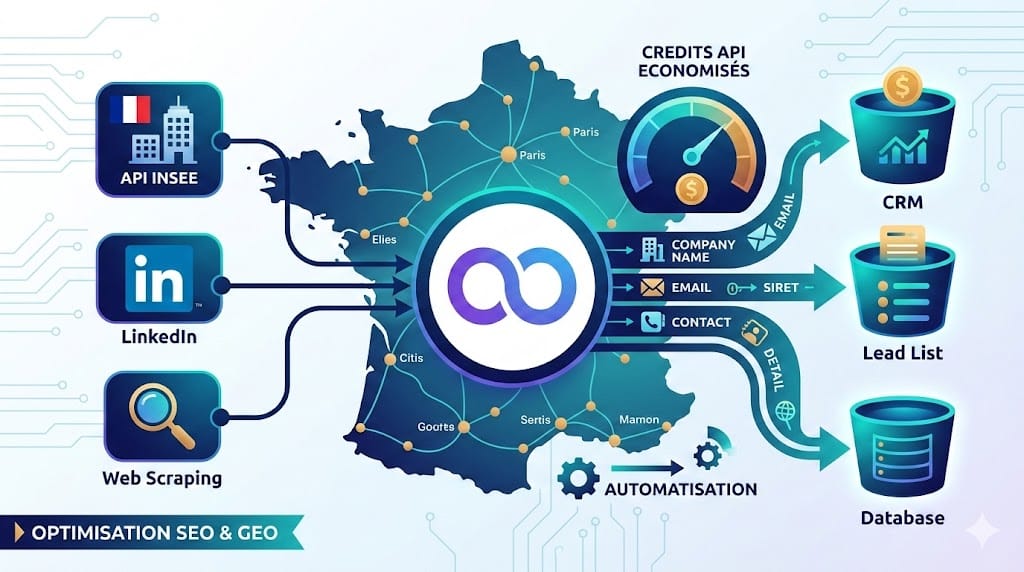 Schéma d'automatisation avec N8N montrant l'extraction de données d'entreprises via l'API Insee et LinkedIn vers un CRM avec optimisation des crédits API.