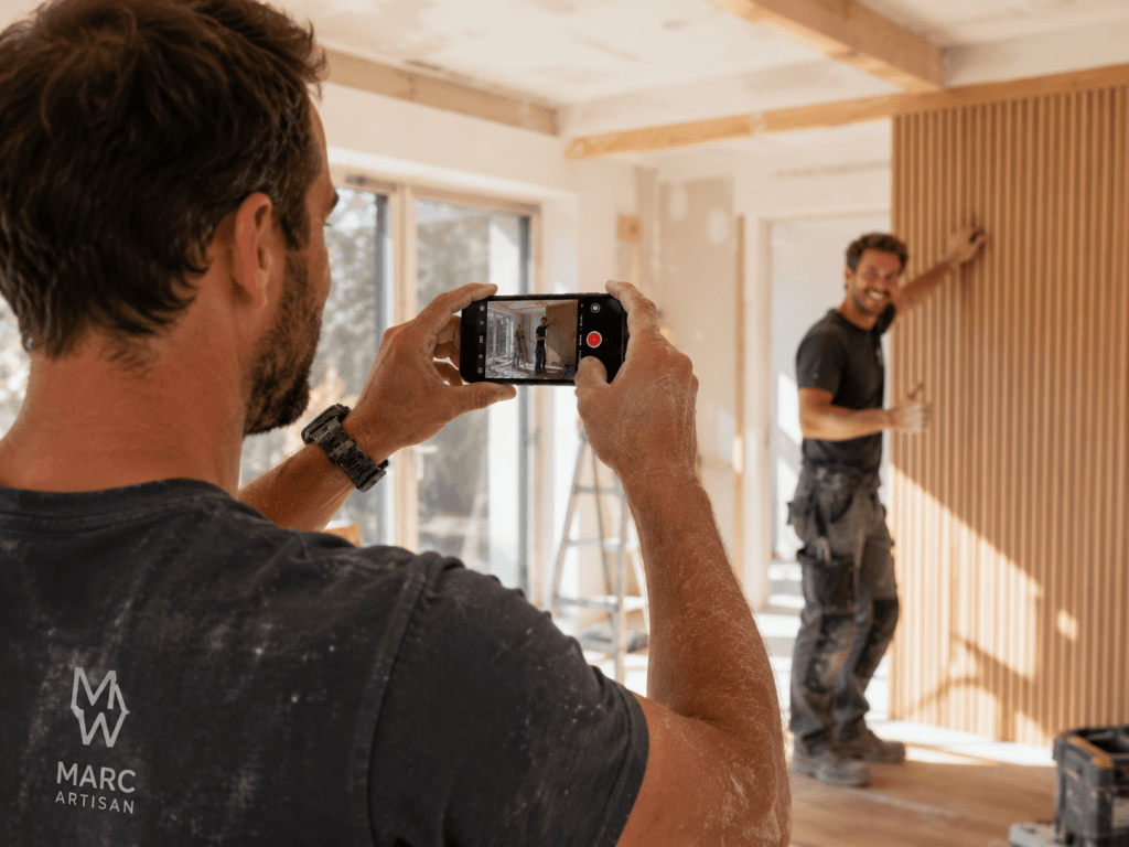 Un artisan sur un chantier d'habitation utilise son smartphone pour filmer un collègue en train de travailler.