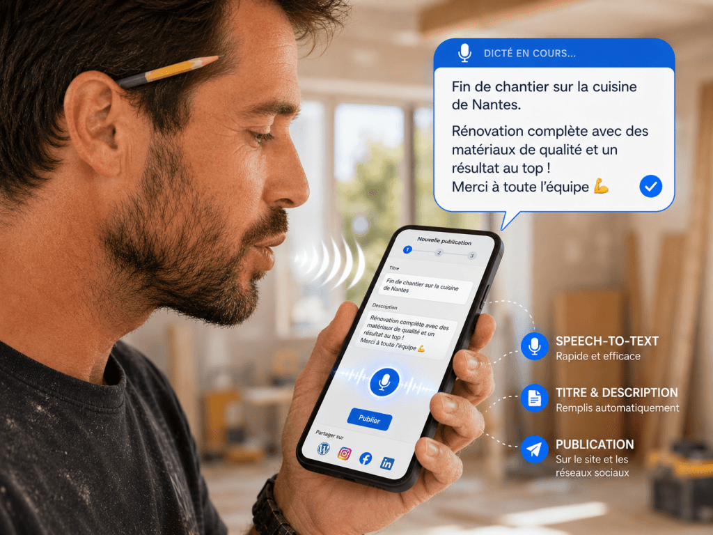 Un entrepreneur utilise la dictée vocale sur son téléphone pour rédiger automatiquement la description de son chantier.