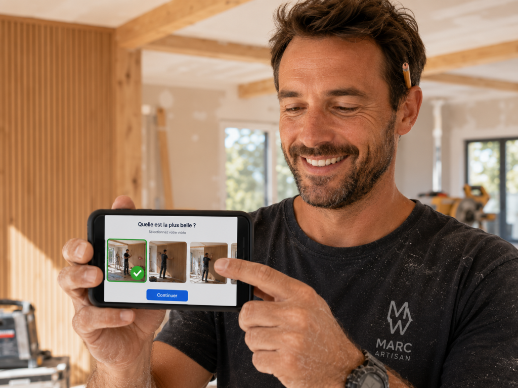 Interface simplifiée d'une application mobile où un artisan sélectionne la meilleure vidéo de sa réalisation.